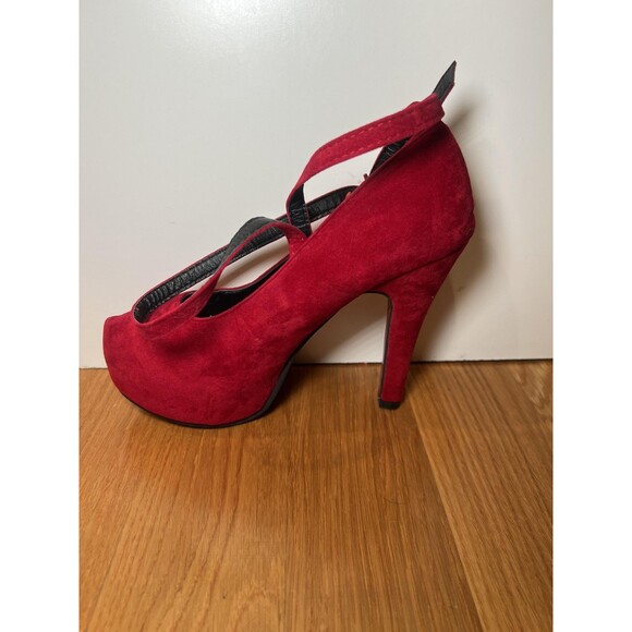 Dimanxi Platform Mary Jane Heels Womens Size 8 Red Faux Suede Ankle Strap Pumps - Picture 5 of 13
